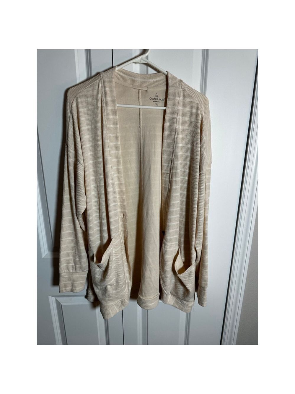 Cuddl Duds Cardigan XL Beige White Striped - Picture 2 of 6